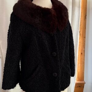 Vintage Black Coat with Brown Fur Collar